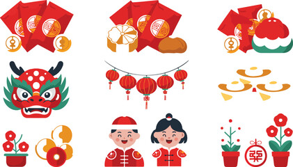 Chinese new year celebration symbols red envelopes gold coins dragon dance lanterns happy new year decor