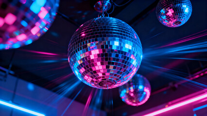Party decoration background with shiny disco balls reflecting bright neon lights, creating colorful sparkle and festive glow, ideal for celebration themes, nightlife events, music posters, club design