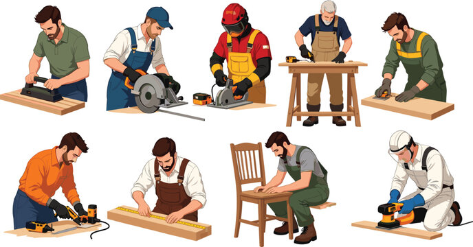 Cartoon-style vector illustrations of woodworking tasks with tools, safety gear, and carpentry activities for DIY, craft, and design themes.