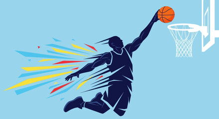 Dynamic illustration of a basketball player performing a slam dunk with vibrant energy © Benu
