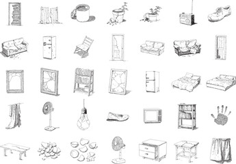 Hand Drawn Abandoned Interior and Ruined Furniture Sketch Collection