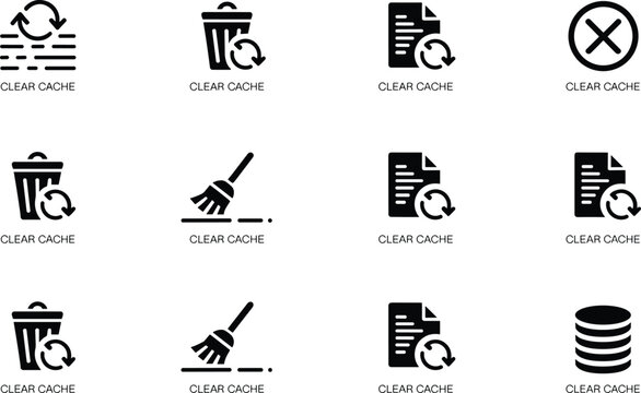 Clear cache and data cleanup icon set with delete file, trash bin, refresh arrows and database reset symbols isolated on white background