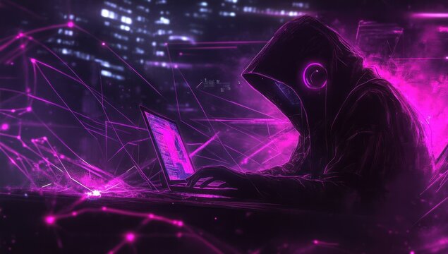 Mysterious hooded figure hacking with laptop amid network connections in city
