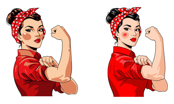 Feminism pose vector set of iconic rosie the riveter style woman