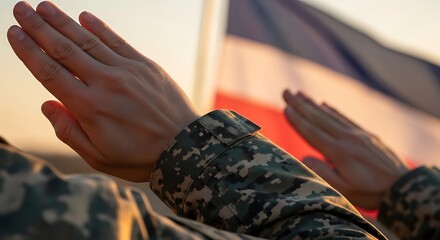 Obraz premium A soldier in camouflage uniform with hands raised in prayer or salute before a flag