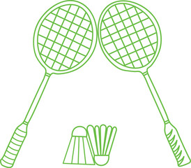 Simple line art illustration featuring two crossed badminton rackets and shuttlecocks ready for a sporting match.