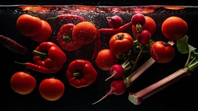 Red vegetables and fruits including tomatoes, bell peppers, chilies, radishes, and rhubarb submerged in water with bubbles.