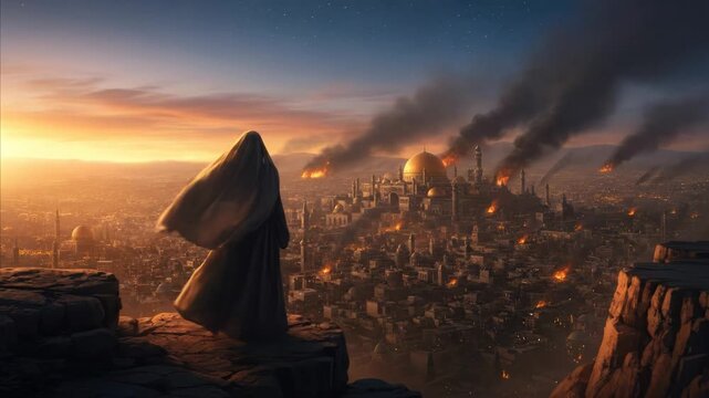 Mysterious figure watches over burning ancient city at sunset