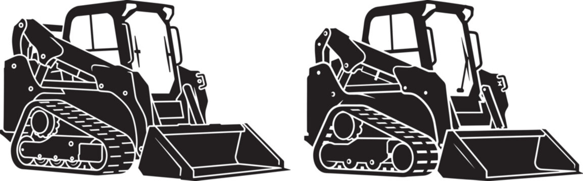 Black and white silhouette illustration of two skid steer loaders or compact track loaders on a white background