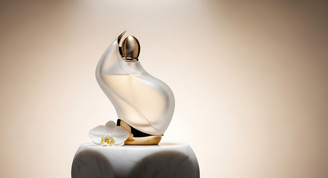 Elegant perfume bottle with floral accent and golden cap.