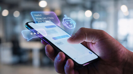 close‑up of a person holding a smartphone with holographic chatbot bubbles, typing indicators, and a glowing AI robot icon