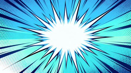 Obraz premium Blue and Teal Comic Book Explosion Burst Background with Halftone Dots and Dynamic Speed Lines