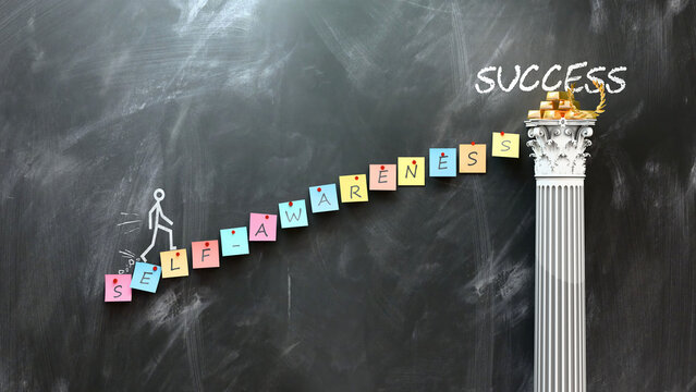 Self-Awareness leads to Success - a metaphor showing how self-awareness makes the way to reach desired success. Symbolizes the importance of self-awareness. ,3d illustration