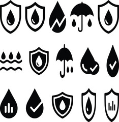 A collection of black and white weather icons including shields and droplets Vector