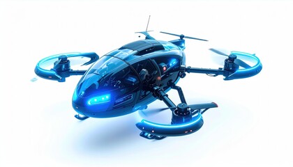 Futuristic Drone with Blue Lights Flying.