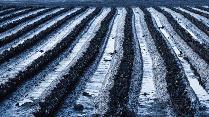 Obraz premium Tilled Field : An aerial shot captures an expansive tilled field, showcasing the precision and order of agricultural practice and anticipation of new life.