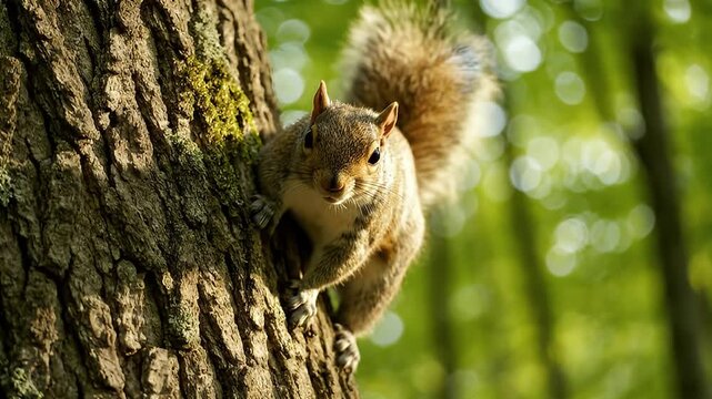 Squirrel on tree trunk in forest.
