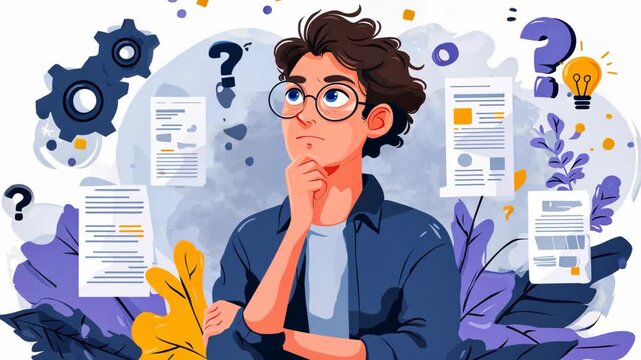 Cute cartoon animation of a man thinking about a business problem, with question marks and document papers floating around, symbolizing analysis, confusion, and strategic decision making.