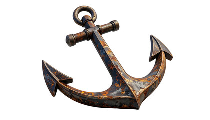 Rusty metal anchor with a ring at the top, lying on a black background, angled view