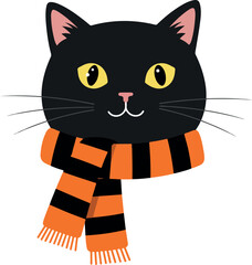 Black Cat Wearing Orange And Black Striped Scarf Autumn Fall