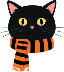Black Cat Wearing Orange Black Scarf Flat Minimal Illustration