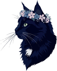 Black Cat With Flower Crown Isolated White Background