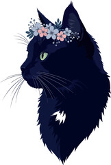 Black Cat Profile Flower Crown Pastel Colors Isolated Minimalist Vector