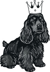 Black Cocker Spaniel Dog With Crown Detailed Vector Art