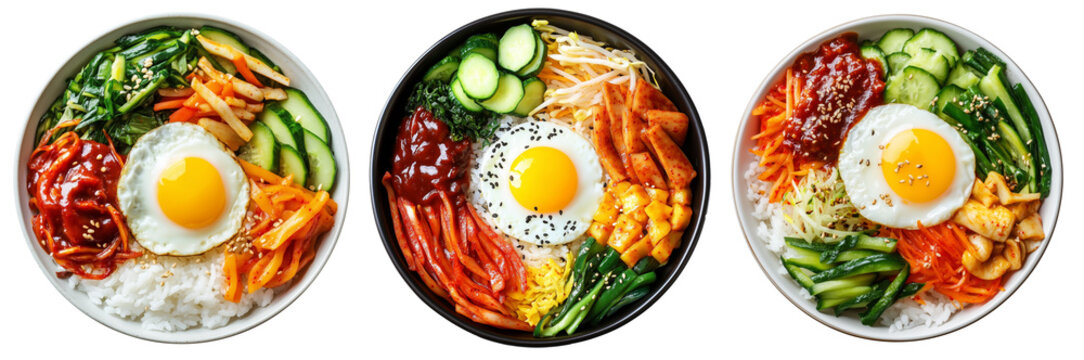 Korean bibimbap dish with fresh vegetables, fried egg, and gochujang sauce in black bowl isolated on white background