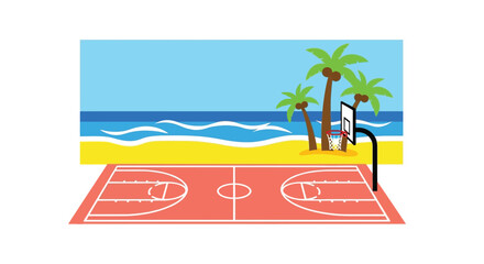 Obraz premium A vibrant illustration depicting a basketball court situated on a beach with palm trees and ocean waves under a clear blue sky.