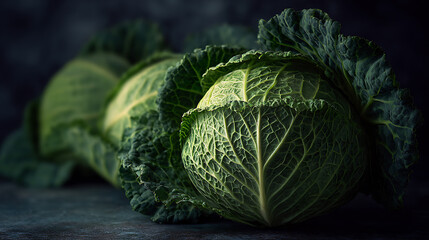 Fototapeta premium Close-up view of fresh green cabbages arranged in a row, with a focus on their textured leaves