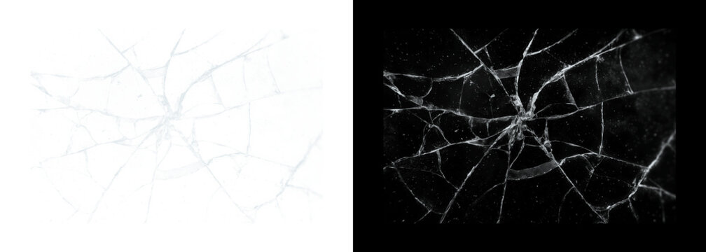 Cracked glass shattered screen overlay effects on black and white backgrounds