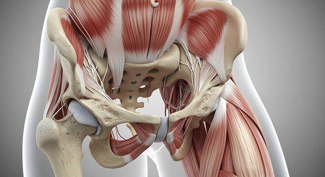 Anatomy of the Human Pelvis and Hip Joint Showing Muscles, Bones, and Ligaments, 3D Illustration