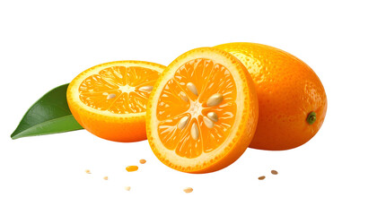 Fototapeta premium Three oranges; one halved displaying segments, seeds, and vibrant orange skin. Green leaves