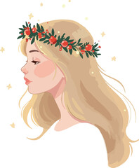 Blonde Woman Christmas Wreath Portrait Soft Lighting Festive Sparkle