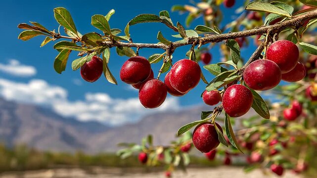 Close up of red ripe jujube growing in an orchard, showcasing glossy skin, vibrant color, and fresh natural harvest under bright sunlight.