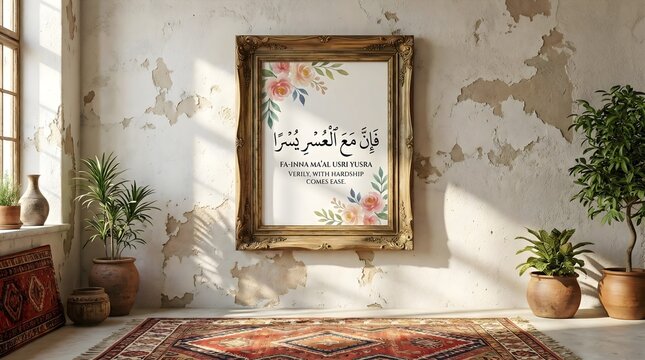 Rustic interior with an ornate golden frame featuring floral Quranic calligraphy 'Verily, with hardship comes ease' - Elegant Islamic wall art home decor.