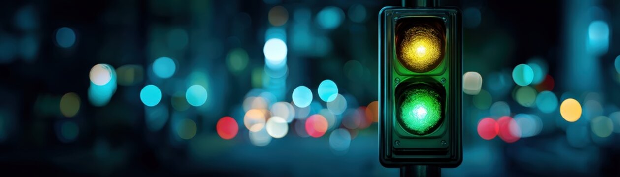 A close-up of a traffic signal showing green and yellow lights with a blurred cityscape background featuring bokeh light effects at night, goal reached, success at sight with AI