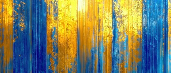 Bold acrylic palette knife textures created in blue and gold paint displaying dynamic patterns and layers that catch light during midday