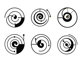 Abstract circular designs with spiral elements and geometric shapes on a white background