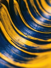 Swirls of yellow and blue acrylic paint form layered patterns in an artistic creation in a studio setting