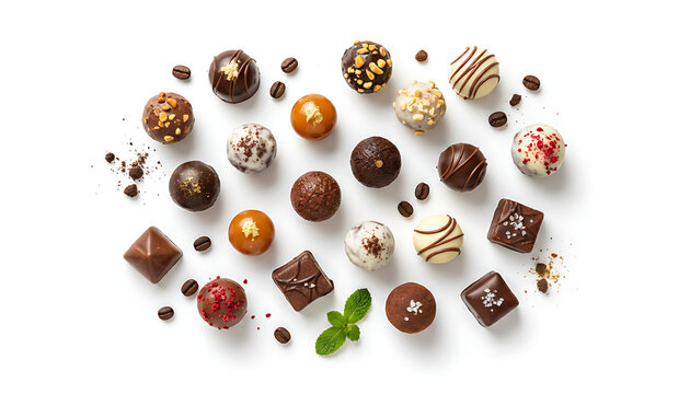 Top view of premium assorted chocolate truffles and pralines on white background