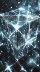 Holographic cube rotates in a digital space with light patterns and visual effects representing advanced technology and innovation during a futuristic moment