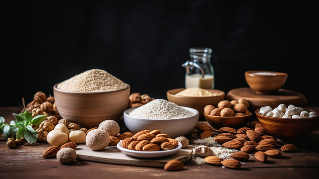 Food and baking gluten free ingredient. Cereals and flours coarse, corn flour, buckwheat flour, chickpeas flour