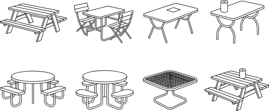 Outdoor picnic tables and patio dining set collection with benches and folding chairs isolated on white background for park and garden furniture design