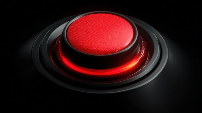 A close-up image of a large, illuminated red button set against a black background, glowing with a bright red light ring, success at sight with AI