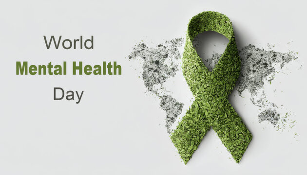 World Mental Health Day Green Leaf Ribbon with World Map Texture on White Background