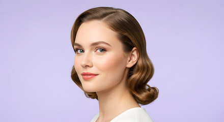 Fototapeta premium Young woman with brown hair and purple background