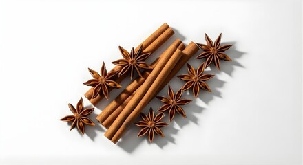 Cinnamon sticks and star anise on a white background for culinary and baking projects