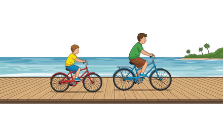 Fototapeta premium A man and a boy ride bicycles on a wooden boardwalk by the ocean with an island in the distance.